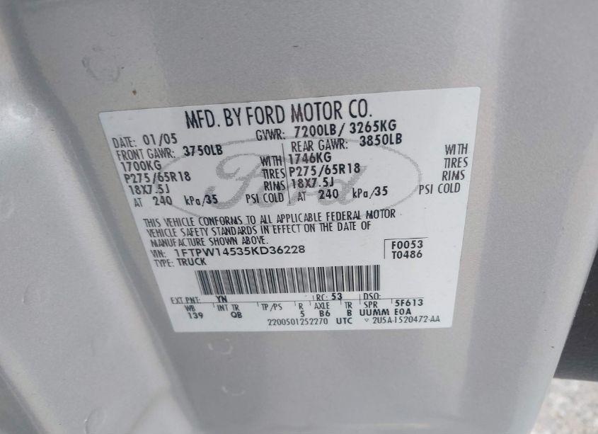 Photo 9 of 2005 Ford F-150 FX4/LARIAT/XLT (VIN 1FTPW14535KD36228)