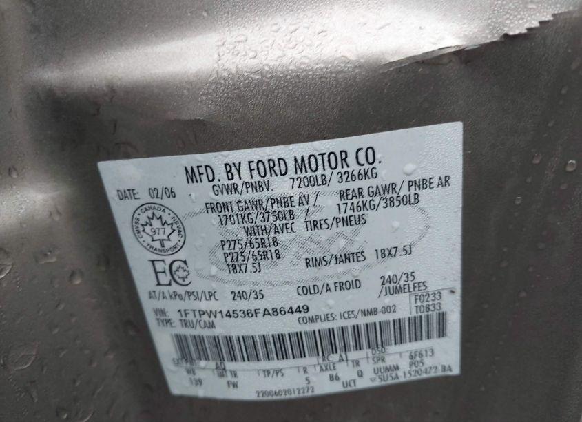 Photo 9 of 2006 Ford F-150 FX4/LARIAT/XLT (VIN 1FTPW14536FA86449)