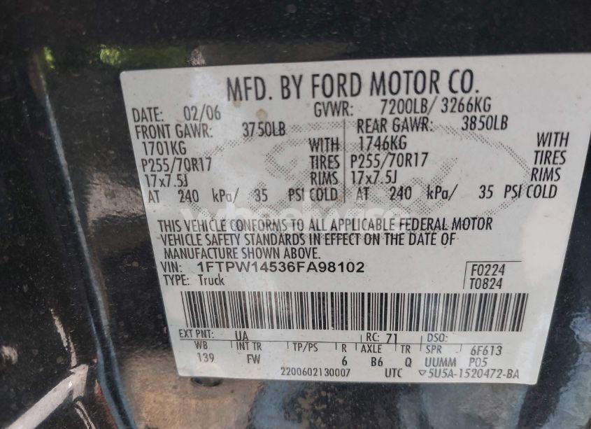 Photo 9 of 2006 Ford F-150 FX4/LARIAT/XLT (VIN 1FTPW14536FA98102)