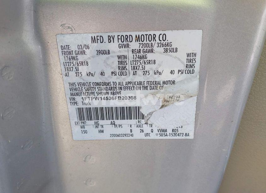 Photo 9 of 2006 Ford F-150 FX4/LARIAT/XLT (VIN 1FTPW14536FB20308)