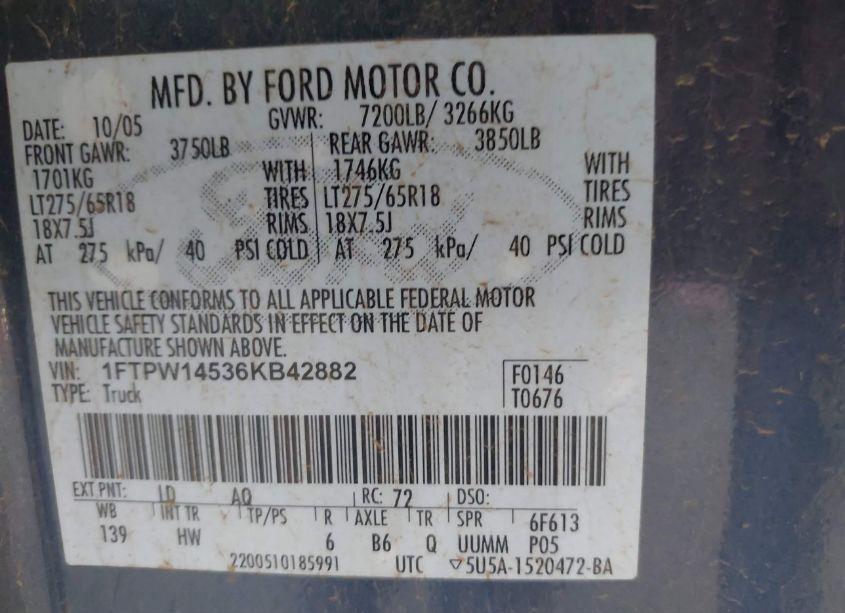 Photo 9 of 2006 Ford F-150 FX4/LARIAT/XLT (VIN 1FTPW14536KB42882)