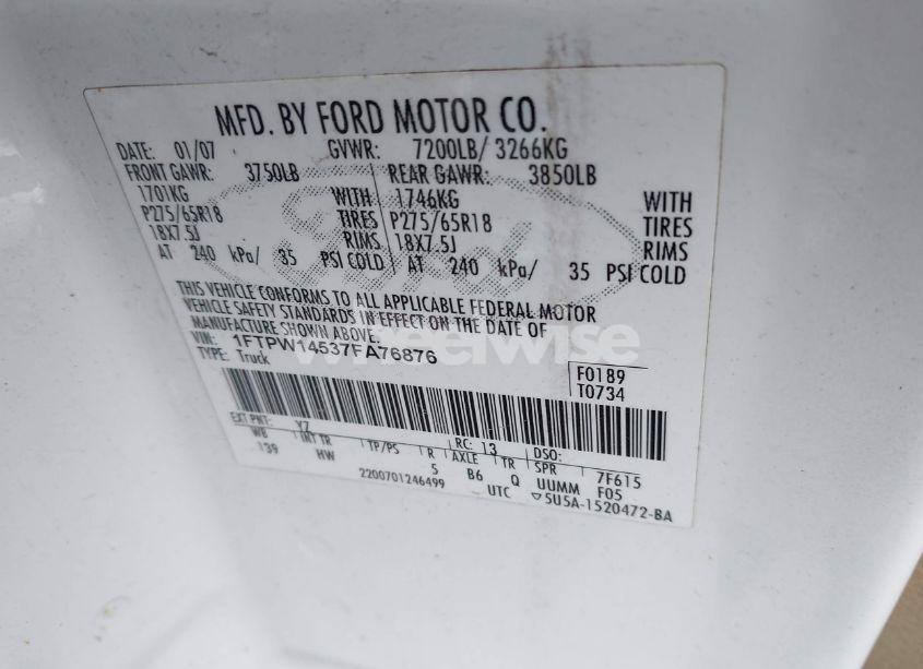 Photo 9 of 2007 Ford F-150 FX4/LARIAT/XLT (VIN 1FTPW14537FA76876)