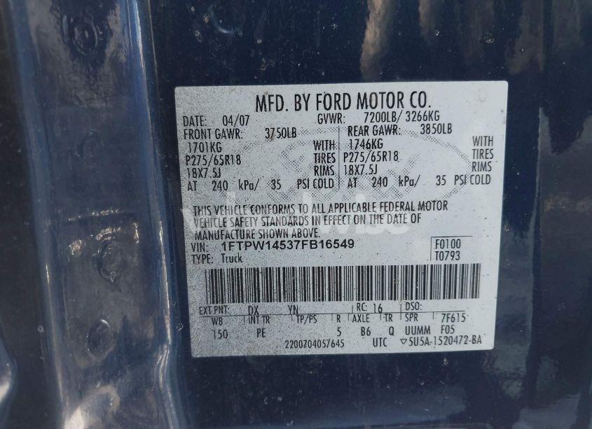 Photo 9 of 2007 Ford F-150 FX4/LARIAT/XLT (VIN 1FTPW14537FB16549)