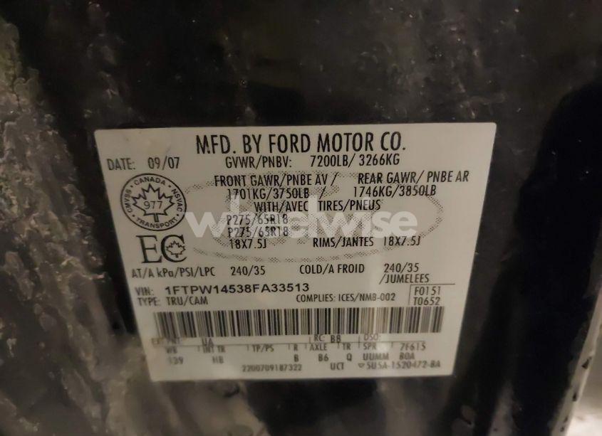 Photo 9 of 2008 Ford F-150 60TH ANNIVERSARY/FX4/KING RANCH/LARIAT/LIMITED/XLT (VIN 1FTPW14538FA33513)