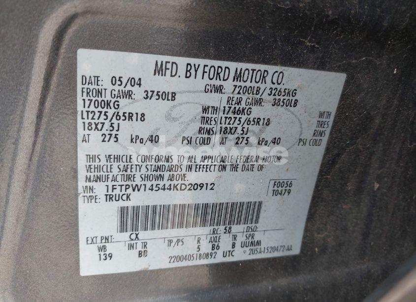 Photo 9 of 2004 Ford F-150 FX4/LARIAT/XLT (VIN 1FTPW14544KD20912)