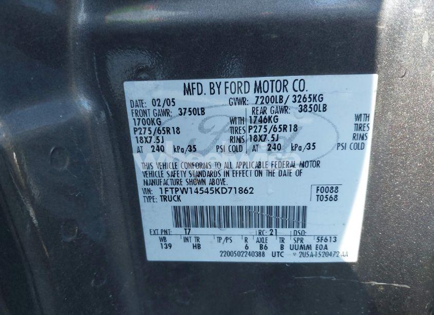 Photo 9 of 2005 Ford F-150 FX4/LARIAT/XLT (VIN 1FTPW14545KD71862)