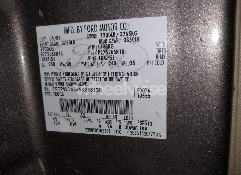 Photo 9 of 2005 Ford F-150 FX4/LARIAT/XLT (VIN 1FTPW14545KE58130)