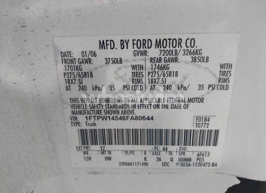 Photo 9 of 2006 Ford F-150 FX4/LARIAT/XLT (VIN 1FTPW14546FA80644)