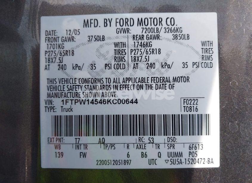 Photo 9 of 2006 Ford F-150 FX4/LARIAT/XLT (VIN 1FTPW14546KC00644)