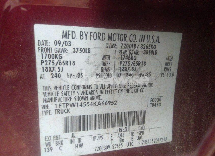 Photo 9 of 2004 Ford F-150 FX4/LARIAT/XLT (VIN 1FTPW14554KA66952)