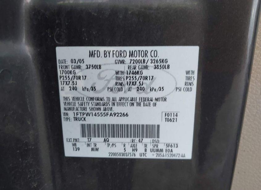 Photo 9 of 2005 Ford F-150 FX4/LARIAT/XLT (VIN 1FTPW14555FA92266)