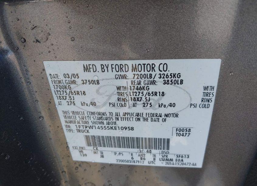 Photo 9 of 2005 Ford F-150 FX4/LARIAT/XLT (VIN 1FTPW14555KE10958)