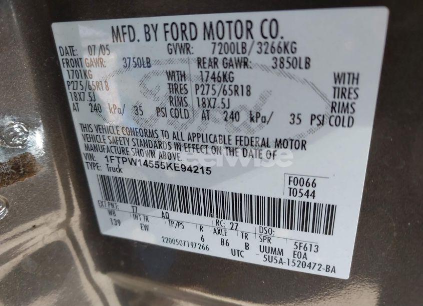 Photo 9 of 2005 Ford F-150 FX4/LARIAT/XLT (VIN 1FTPW14555KE94215)