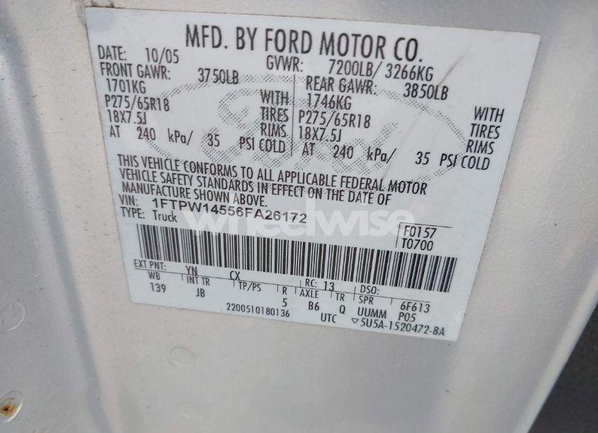 Photo 9 of 2006 Ford F-150 FX4/LARIAT/XLT (VIN 1FTPW14556FA26172)