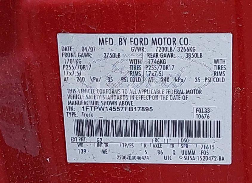 Photo 9 of 2007 Ford F-150 FX4/LARIAT/XLT (VIN 1FTPW14557FB17895)