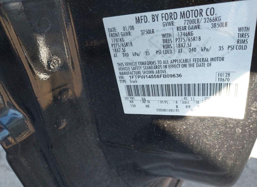 Photo 9 of 2008 Ford F-150 60TH ANNIVERSARY/FX4/KING RANCH/LARIAT/LIMITED/XLT (VIN 1FTPW14558FB09636)