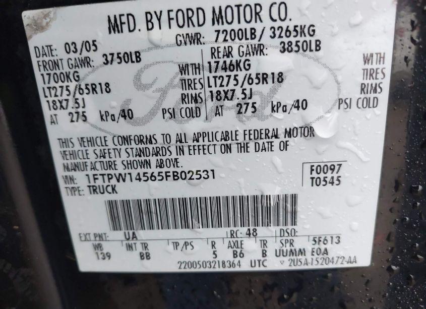 Photo 9 of 2005 Ford F-150 FX4/LARIAT/XLT (VIN 1FTPW14565FB02531)