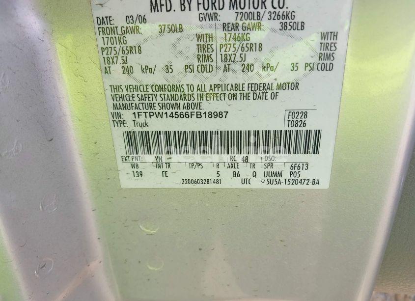 Photo 9 of 2006 Ford F-150 FX4/LARIAT/XLT (VIN 1FTPW14566FB18987)