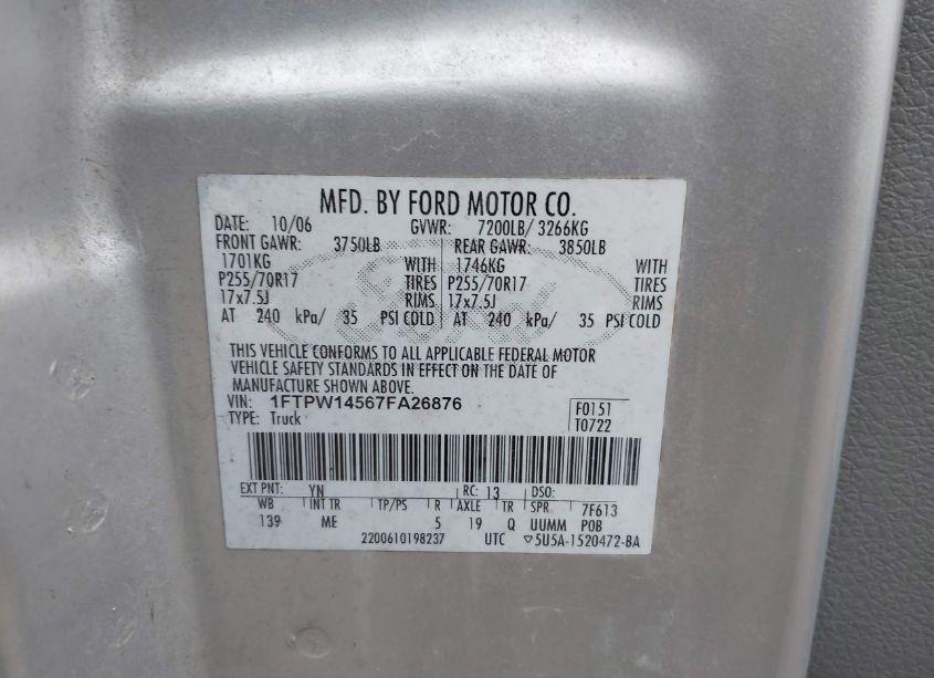 Photo 9 of 2007 Ford F-150 FX4/LARIAT/XLT (VIN 1FTPW14567FA26876)