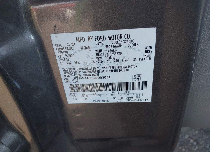 Photo 9 of 2008 Ford F-150 60TH ANNIVERSARY/FX4/KING RANCH/LARIAT/LIMITED/XLT (VIN 1FTPW14568KD03051)