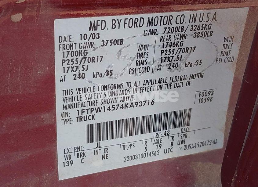Photo 9 of 2004 Ford F-150 FX4/LARIAT/XLT (VIN 1FTPW14574KA93716)