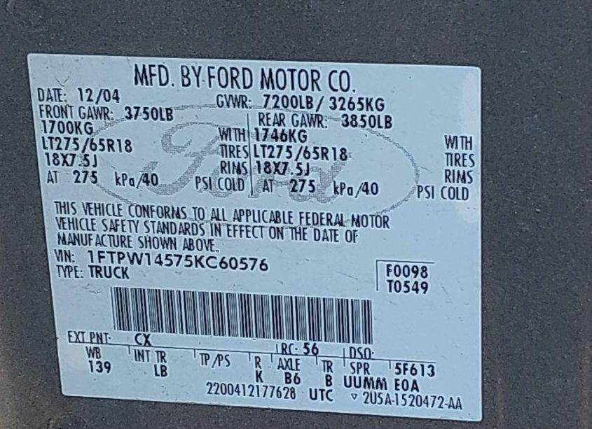 Photo 9 of 2005 Ford F-150 FX4/LARIAT/XLT (VIN 1FTPW14575KC60576)