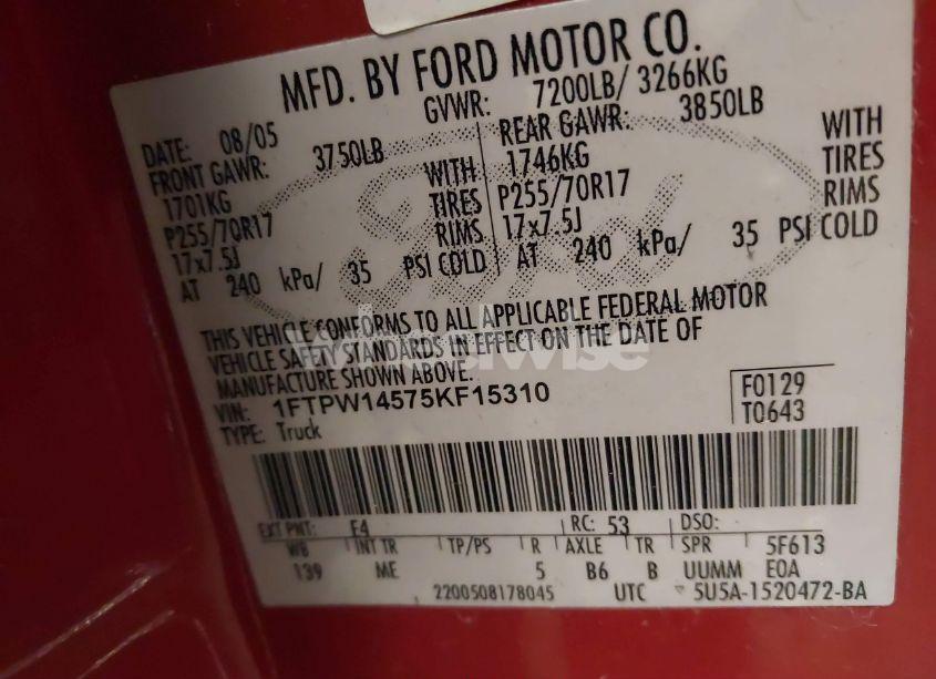 Photo 9 of 2005 Ford F-150 FX4/LARIAT/XLT (VIN 1FTPW14575KF15310)