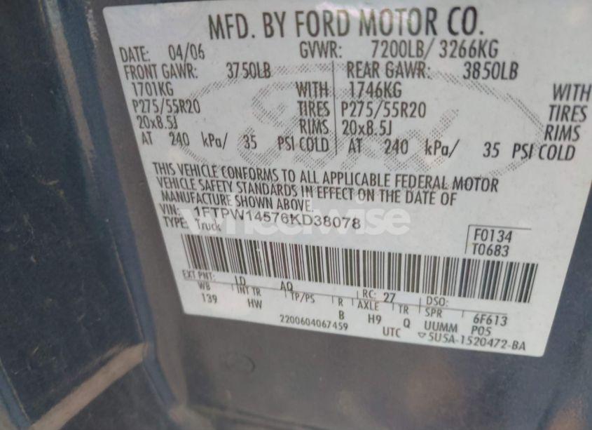 Photo 9 of 2006 Ford F-150 FX4/LARIAT/XLT (VIN 1FTPW14576KD38078)