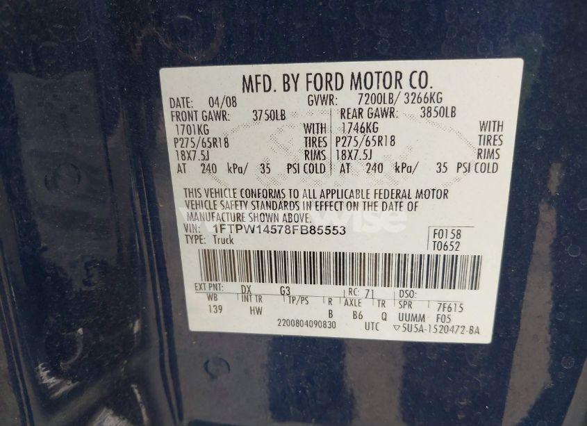 Photo 9 of 2008 Ford F-150 60TH ANNIVERSARY/FX4/KING RANCH/LARIAT/LIMITED/XLT (VIN 1FTPW14578FB85553)