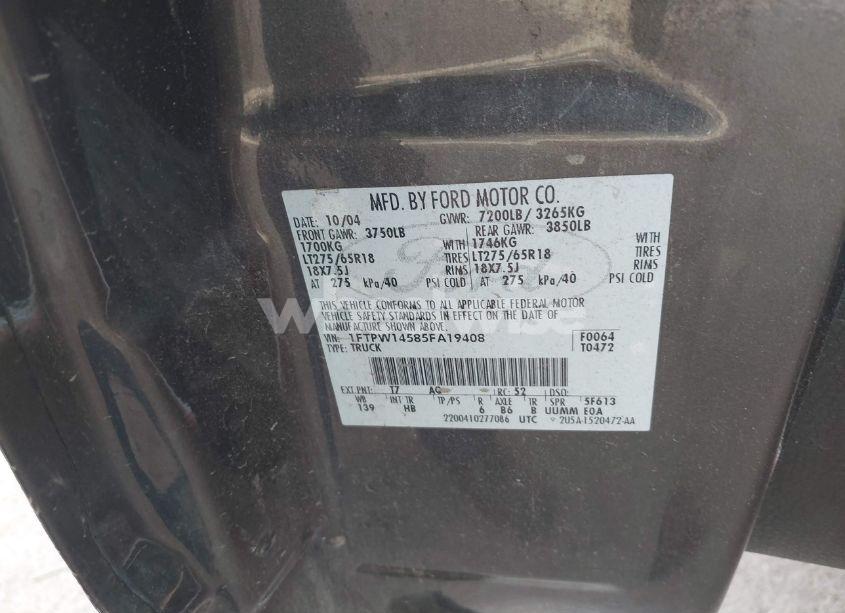 Photo 9 of 2005 Ford F-150 FX4/LARIAT/XLT (VIN 1FTPW14585FA19408)