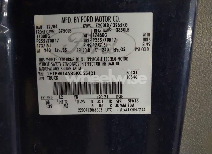 Photo 9 of 2005 Ford F-150 FX4/LARIAT/XLT (VIN 1FTPW14585KC55421)