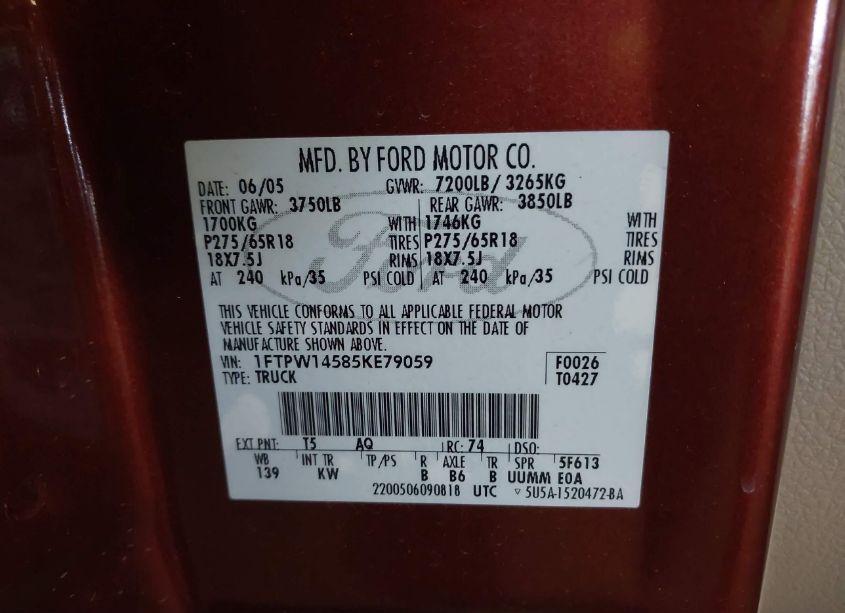 Photo 9 of 2005 Ford F-150 FX4/LARIAT/XLT (VIN 1FTPW14585KE79059)