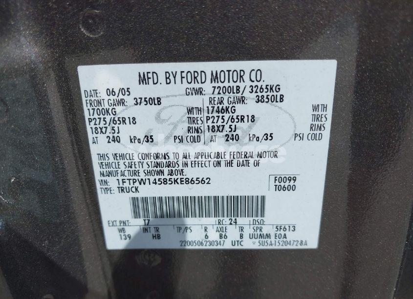 Photo 9 of 2005 Ford F-150 FX4/LARIAT/XLT (VIN 1FTPW14585KE86562)