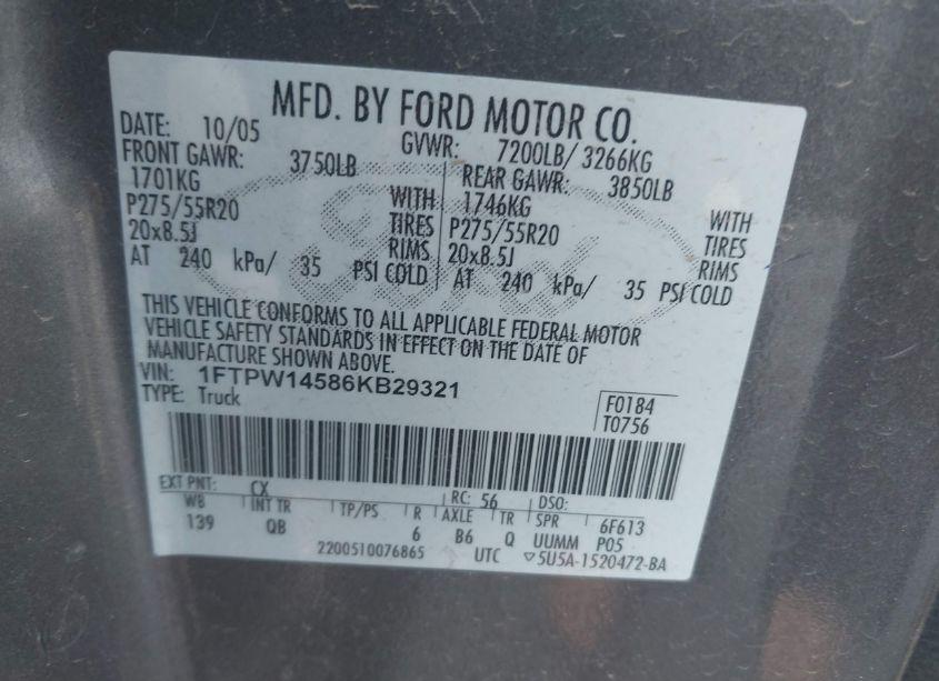Photo 9 of 2006 Ford F-150 FX4/LARIAT/XLT (VIN 1FTPW14586KB29321)