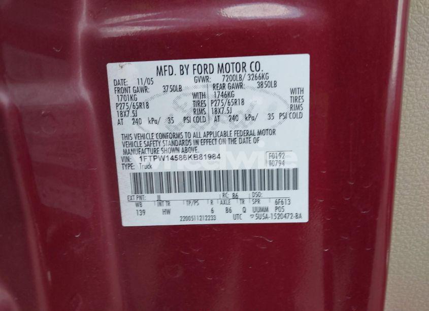 Photo 9 of 2006 Ford F-150 FX4/LARIAT/XLT (VIN 1FTPW14586KB81984)