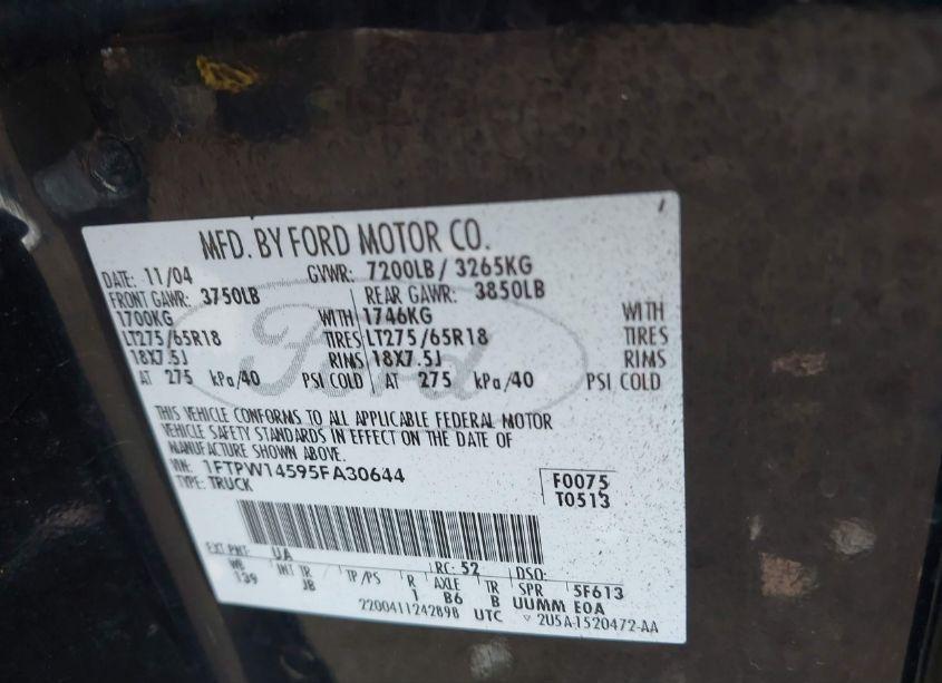 Photo 9 of 2005 Ford F-150 (VIN 1FTPW14595FA30644)