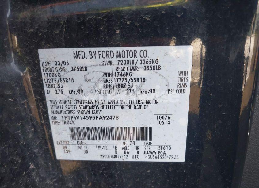 Photo 9 of 2005 Ford F-150 FX4/LARIAT/XLT (VIN 1FTPW14595FA92478)