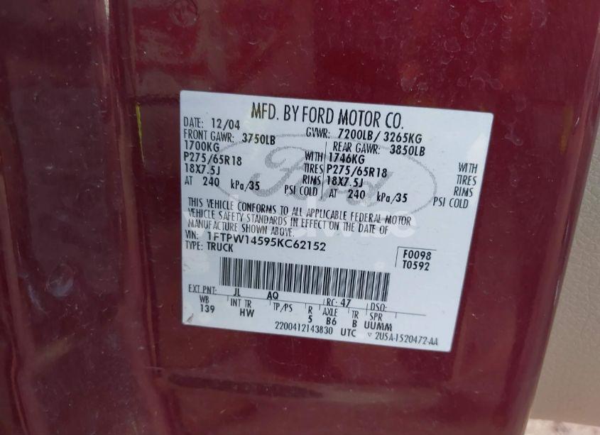 Photo 9 of 2005 Ford F-150 FX4/LARIAT/XLT (VIN 1FTPW14595KC62152)