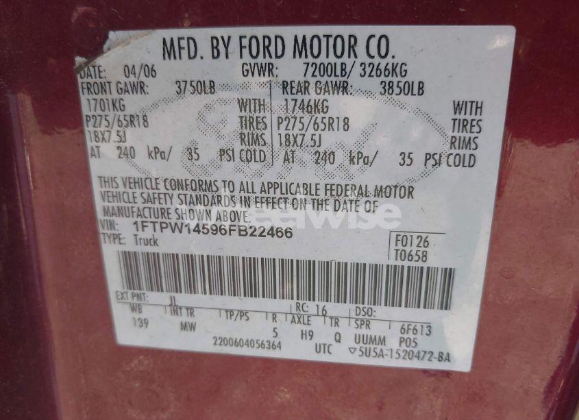 Photo 9 of 2006 Ford F-150 FX4/LARIAT/XLT (VIN 1FTPW14596FB22466)