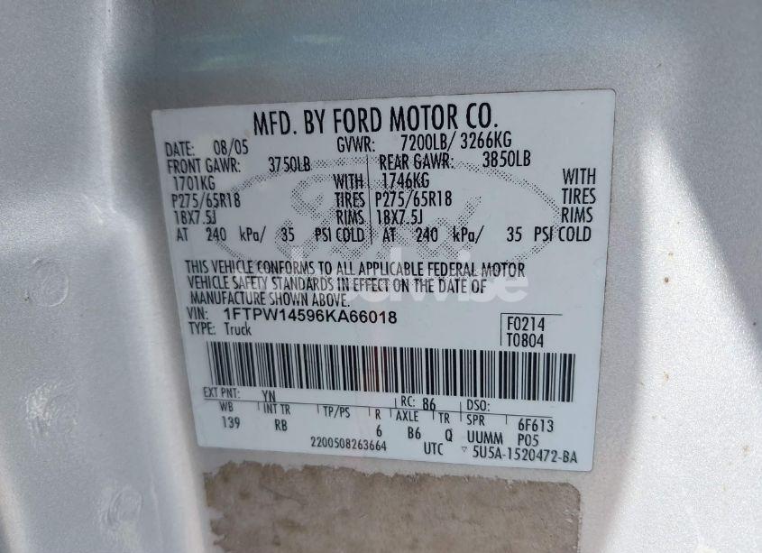 Photo 9 of 2006 Ford F-150 FX4/LARIAT/XLT (VIN 1FTPW14596KA66018)