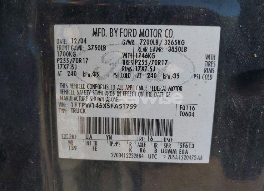 Photo 9 of 2005 Ford F-150 FX4/LARIAT/XLT (VIN 1FTPW145X5FA51759)