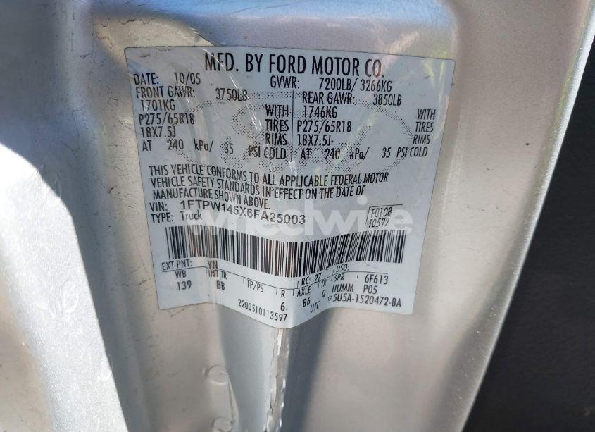 Photo 9 of 2006 Ford F-150 FX4/LARIAT/XLT (VIN 1FTPW145X6FA25003)