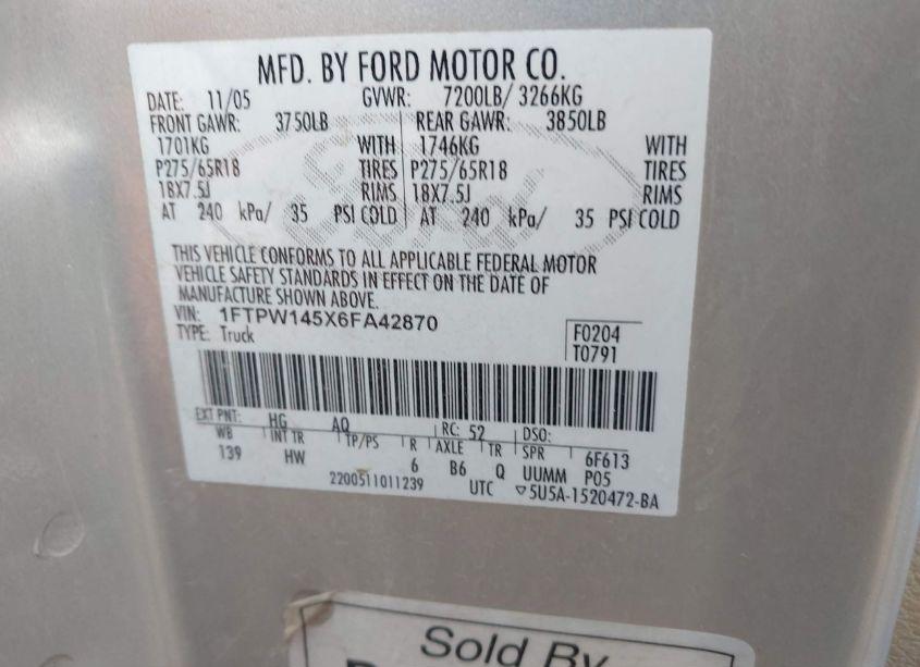 Photo 9 of 2006 Ford F-150 FX4/LARIAT/XLT (VIN 1FTPW145X6FA42870)