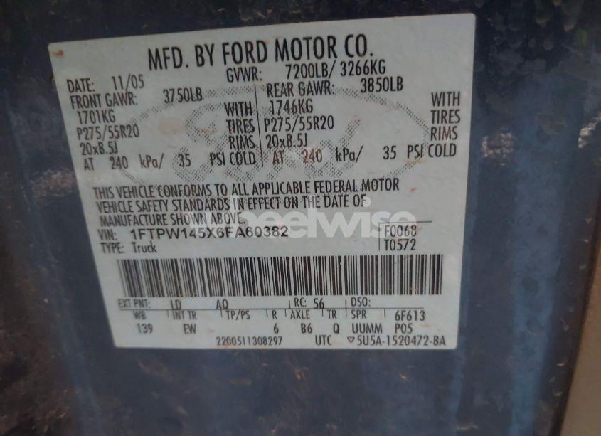 Photo 9 of 2006 Ford F-150 FX4/LARIAT/XLT (VIN 1FTPW145X6FA60382)