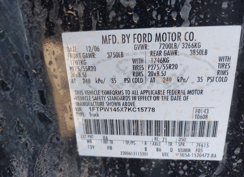 Photo 9 of 2007 Ford F-150 FX4/LARIAT/XLT (VIN 1FTPW145X7KC15778)