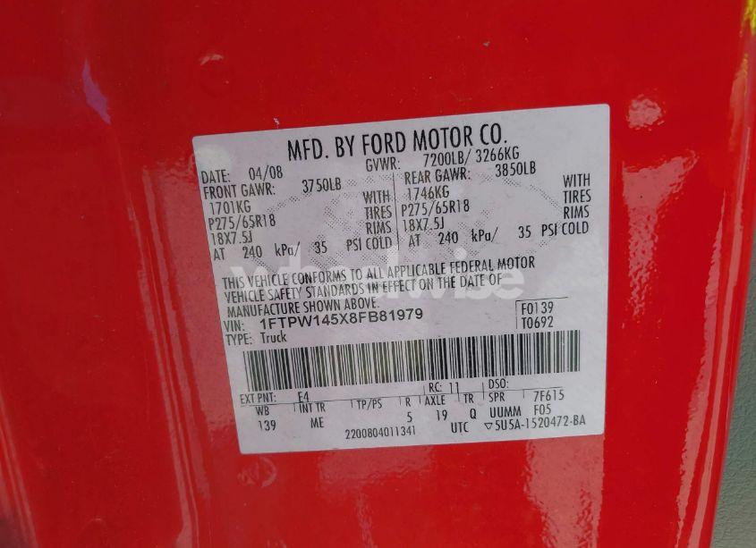 Photo 9 of 2008 Ford F-150 60TH ANNIVERSARY/FX4/KING RANCH/LARIAT/LIMITED/XLT (VIN 1FTPW145X8FB81979)