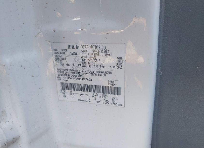 Photo 9 of 2006 Ford F-150 FX4/LARIAT/XLT (VIN 1FTPW14V06FB75492)