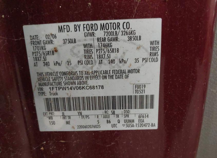 Photo 9 of 2006 Ford F-150 FX4/LARIAT/XLT (VIN 1FTPW14V06KC68178)