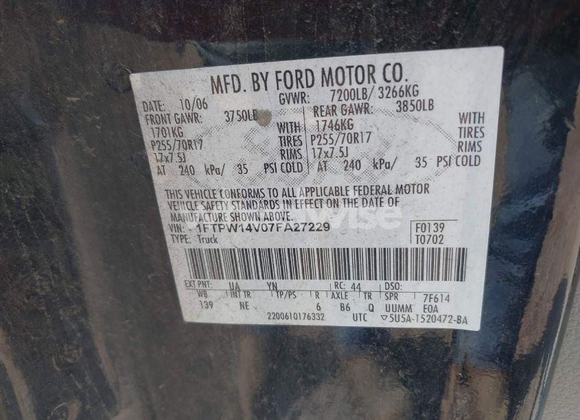 Photo 9 of 2007 Ford F-150 FX4/LARIAT/XLT (VIN 1FTPW14V07FA27229)