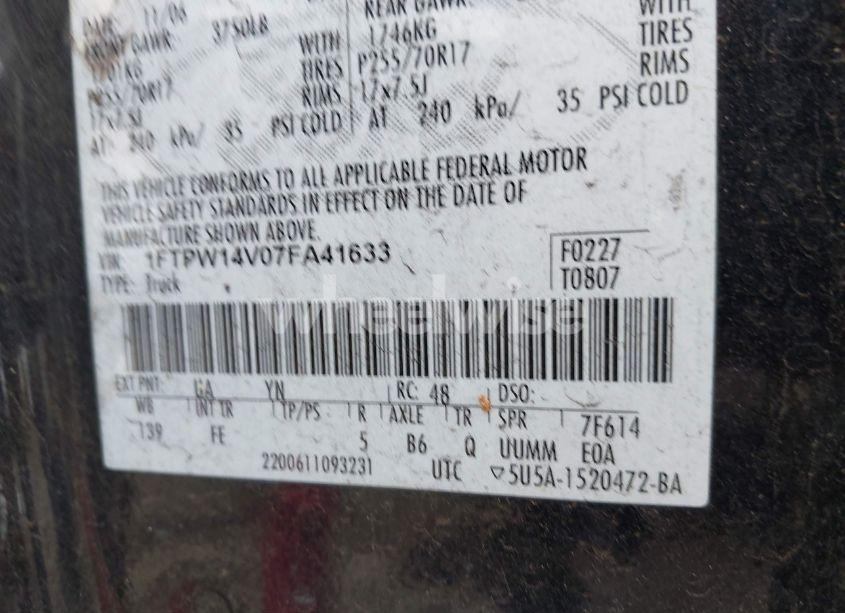 Photo 9 of 2007 Ford F-150 FX4/LARIAT/XLT (VIN 1FTPW14V07FA41633)